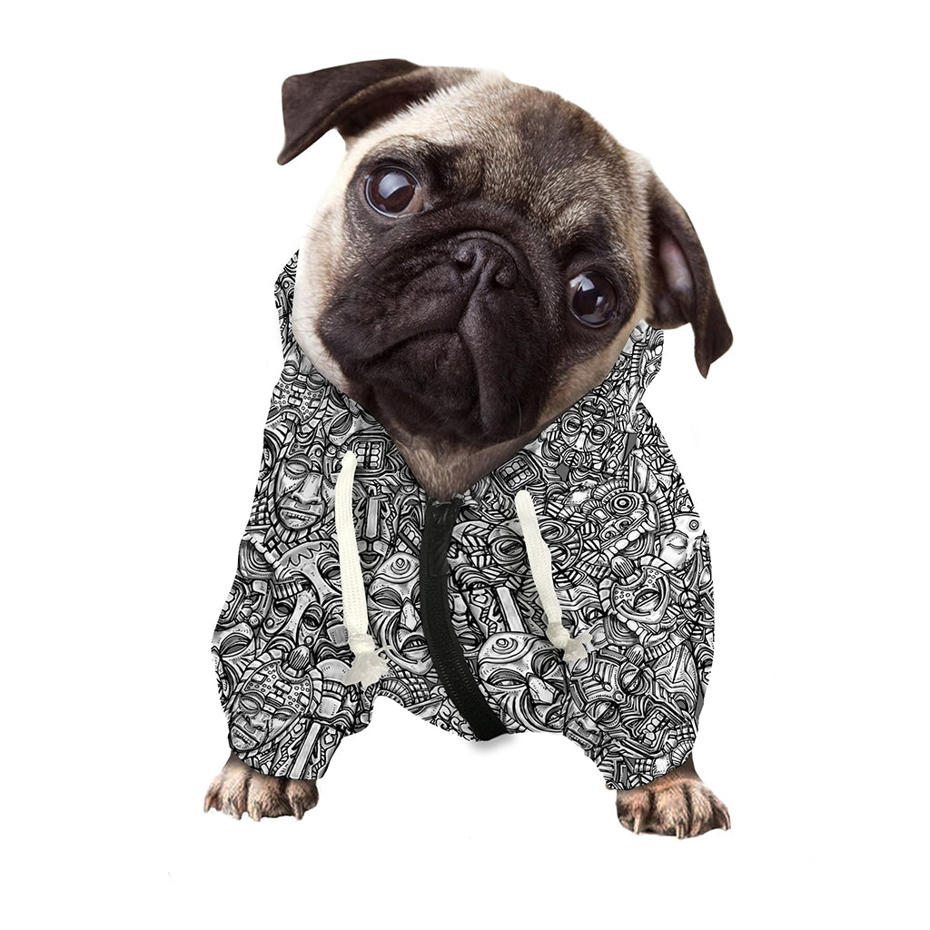 Grey And White Totem Pattern Print Dog Zip Up Hoodie