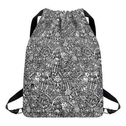 Grey And White Totem Pattern Print Drawstring Backpack