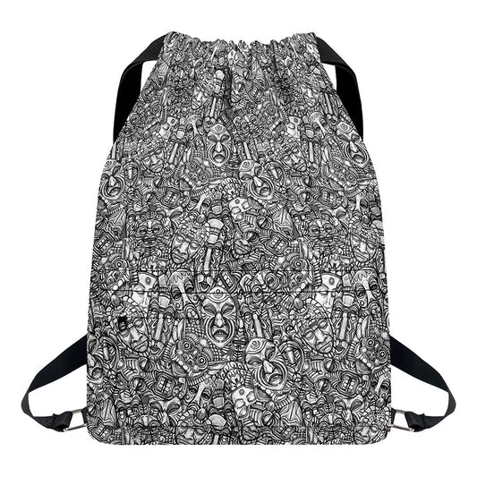 Grey And White Totem Pattern Print Drawstring Backpack