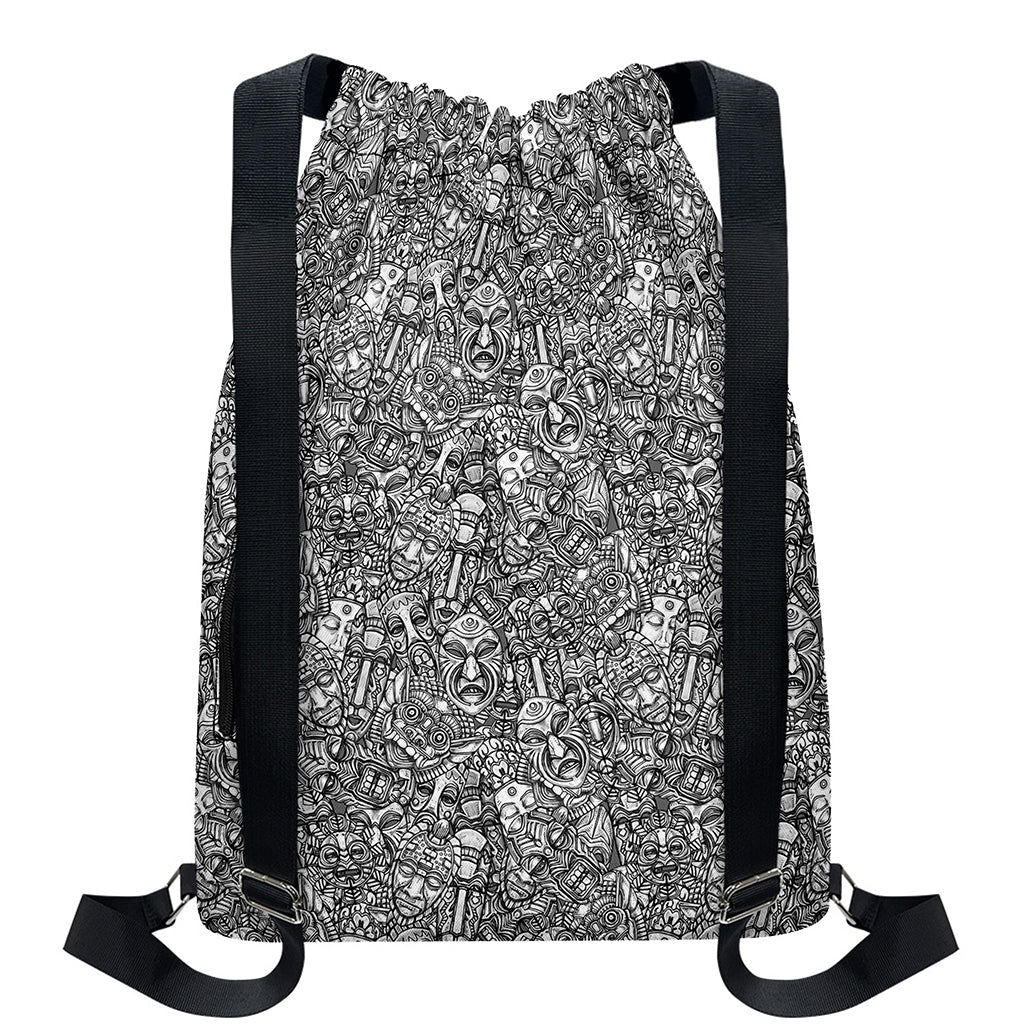 Grey And White Totem Pattern Print Drawstring Backpack