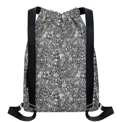 Grey And White Totem Pattern Print Drawstring Backpack