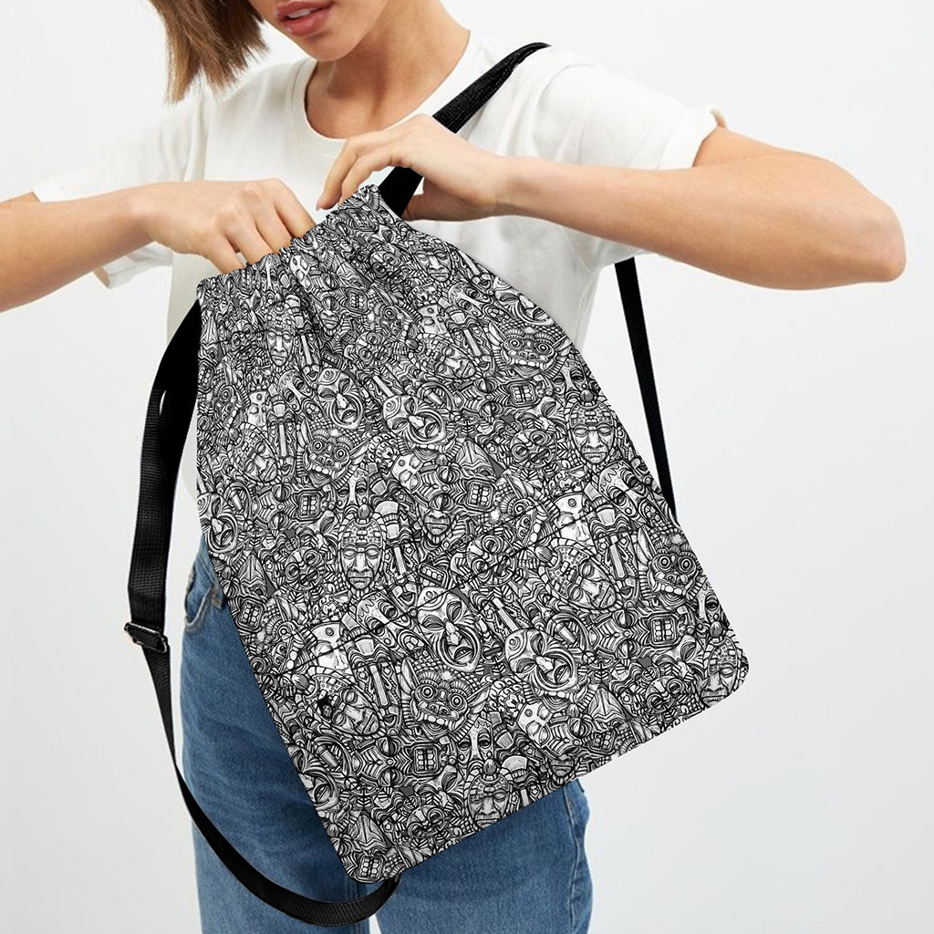 Grey And White Totem Pattern Print Drawstring Backpack