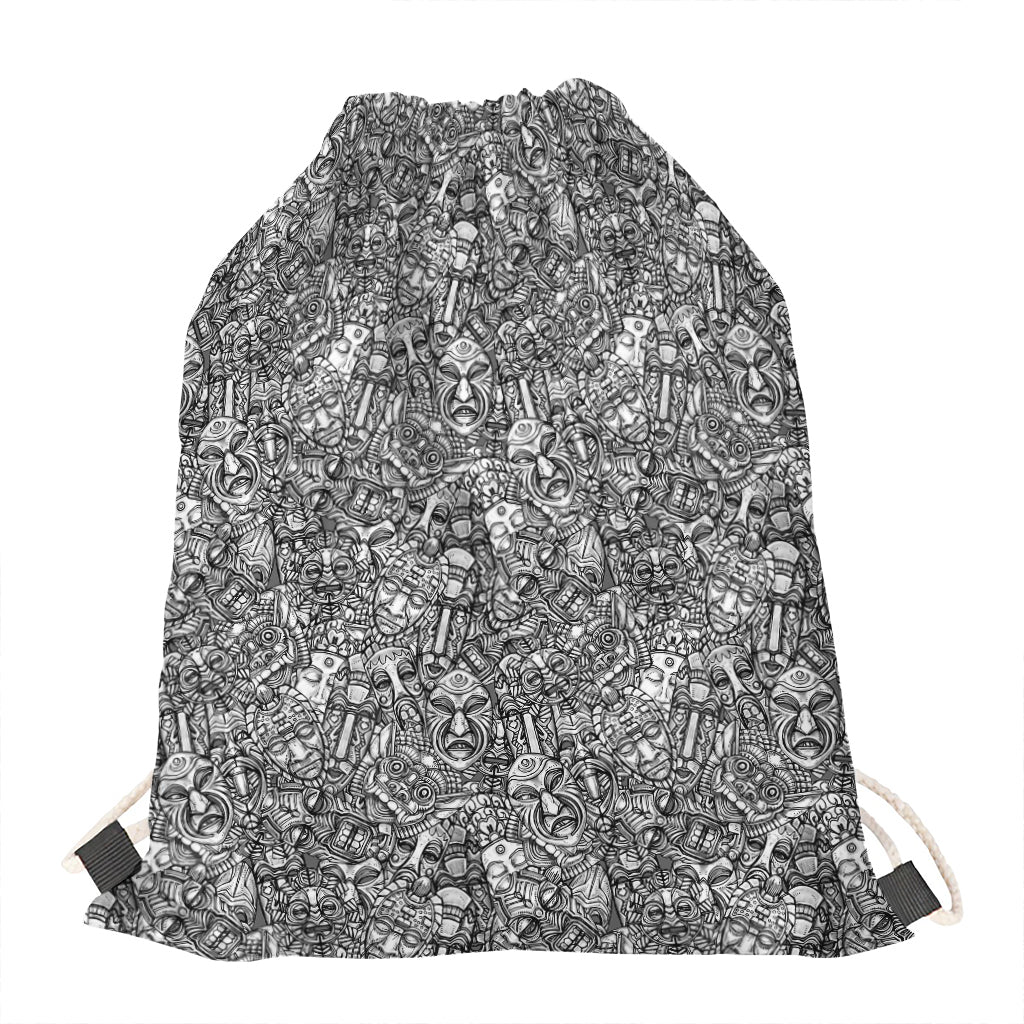 Grey And White Totem Pattern Print Drawstring Bag