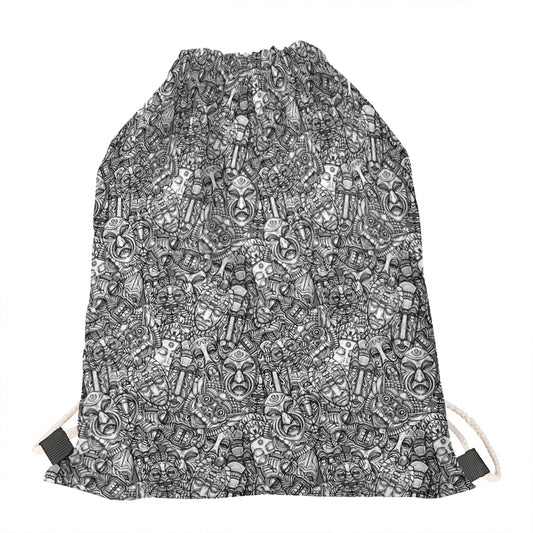 Grey And White Totem Pattern Print Drawstring Bag