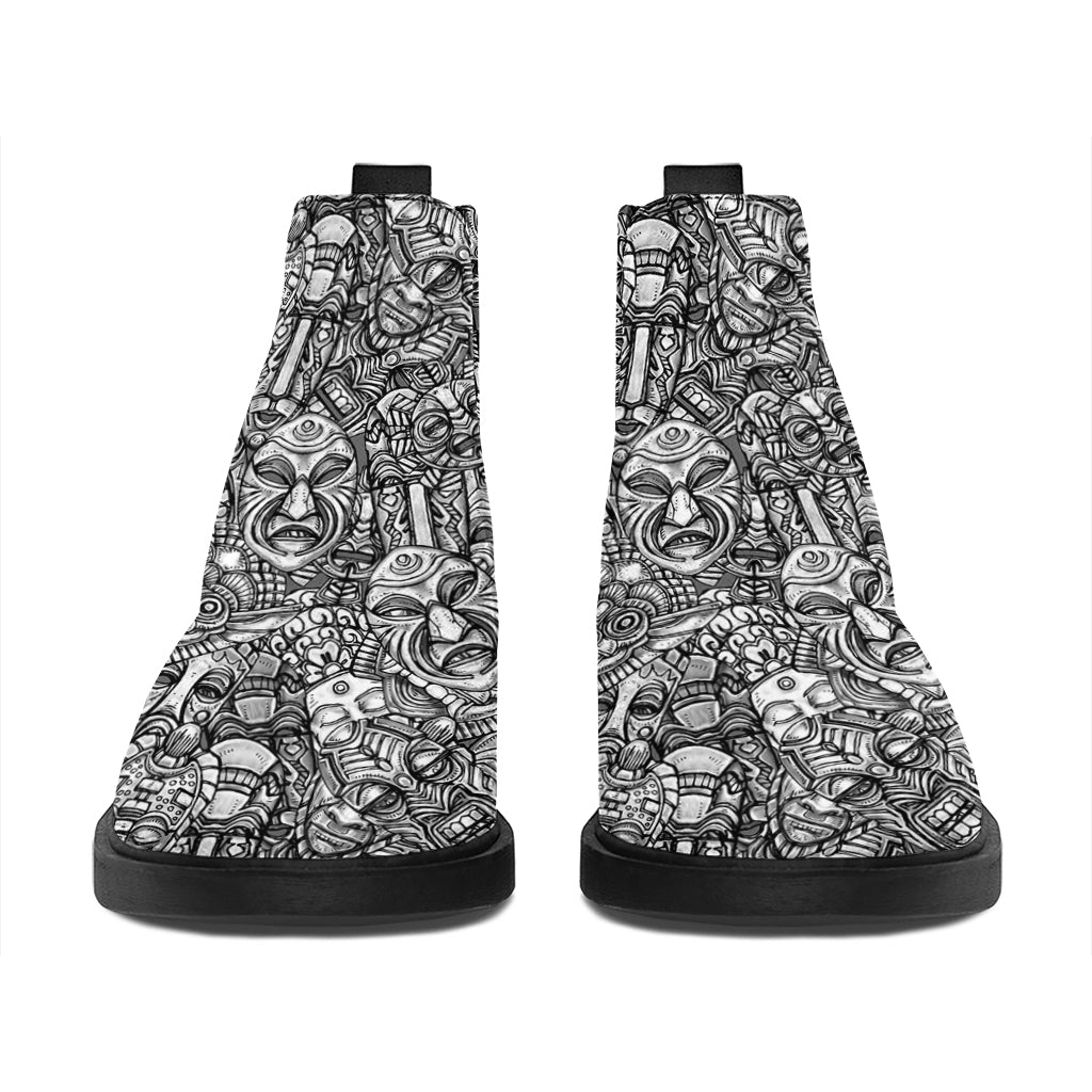 Grey And White Totem Pattern Print Flat Ankle Boots