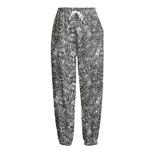 Grey And White Totem Pattern Print Fleece Lined Knit Pants