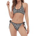 Grey And White Totem Pattern Print Halter Scoop Tie Side Bikini