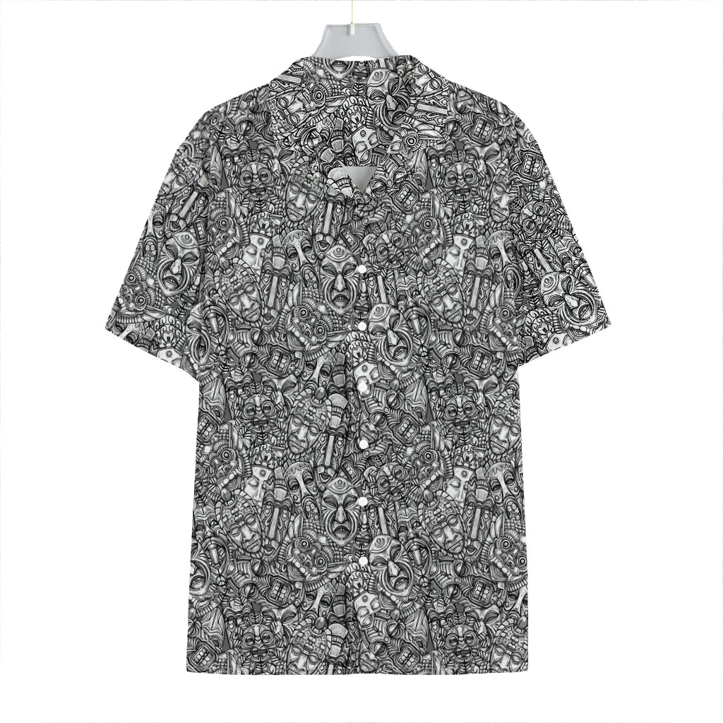Grey And White Totem Pattern Print Hawaiian Shirt