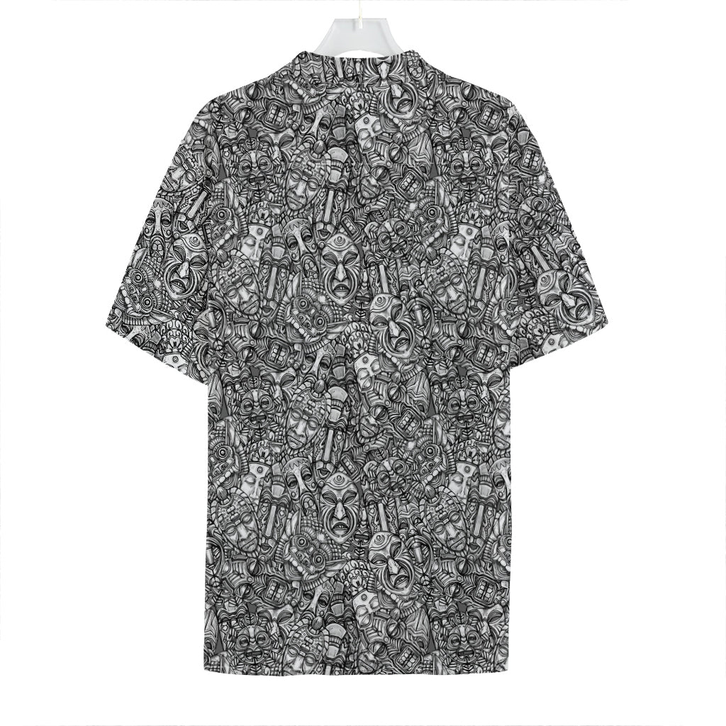 Grey And White Totem Pattern Print Hawaiian Shirt