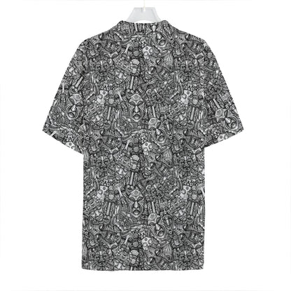 Grey And White Totem Pattern Print Hawaiian Shirt