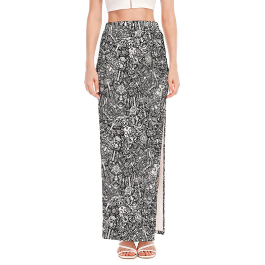 Grey And White Totem Pattern Print High Slit Maxi Skirt