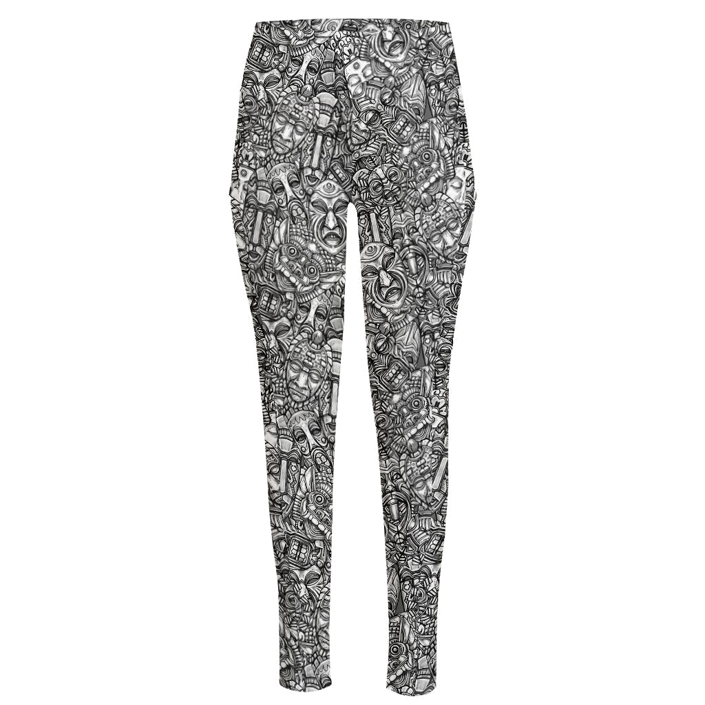 Grey And White Totem Pattern Print High-Waisted Pocket Leggings