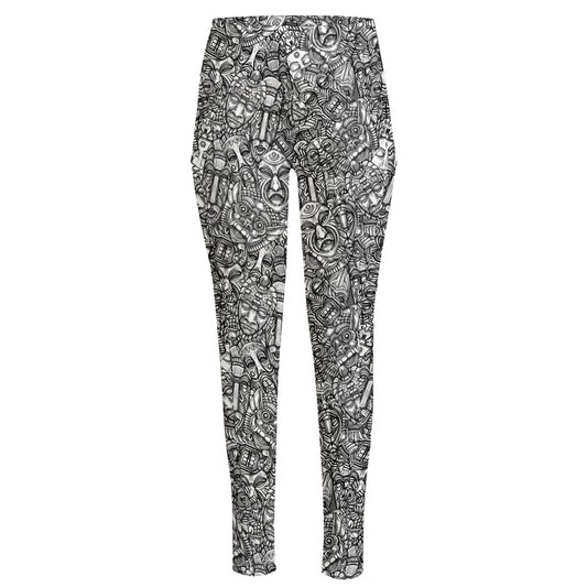 Grey And White Totem Pattern Print High-Waisted Pocket Leggings