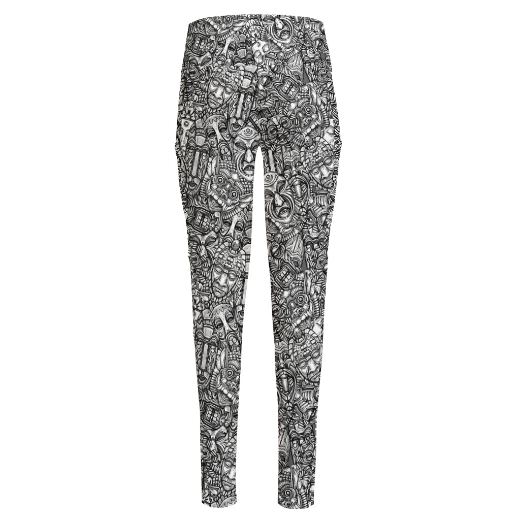 Grey And White Totem Pattern Print High-Waisted Pocket Leggings