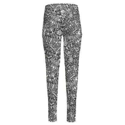 Grey And White Totem Pattern Print High-Waisted Pocket Leggings