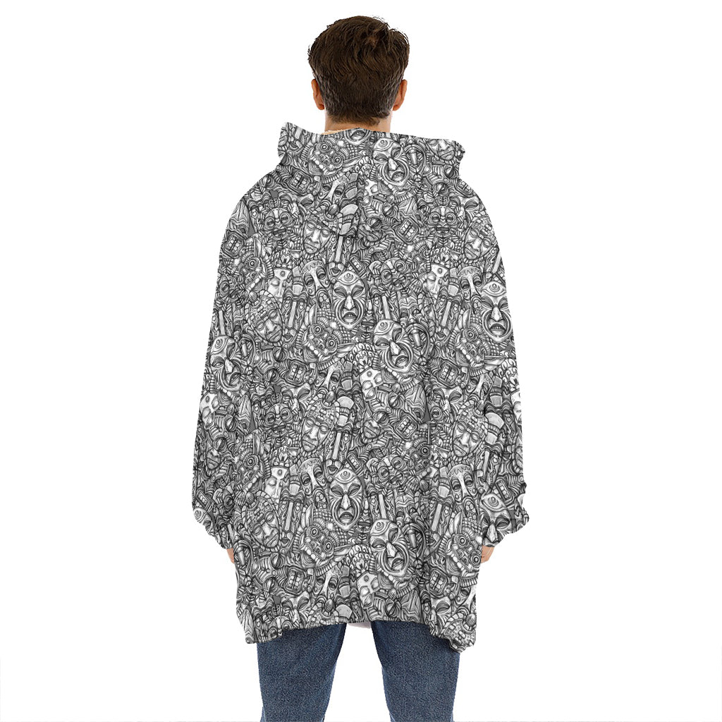 Grey And White Totem Pattern Print Hoodie Blanket