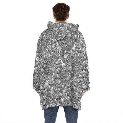 Grey And White Totem Pattern Print Hoodie Blanket