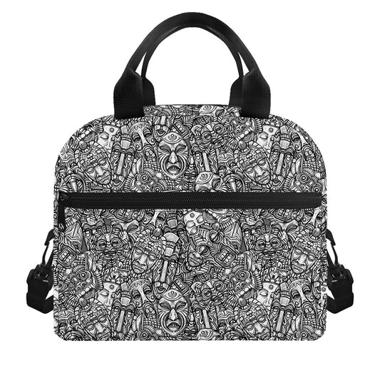 Grey And White Totem Pattern Print Insulated Lunch Bag