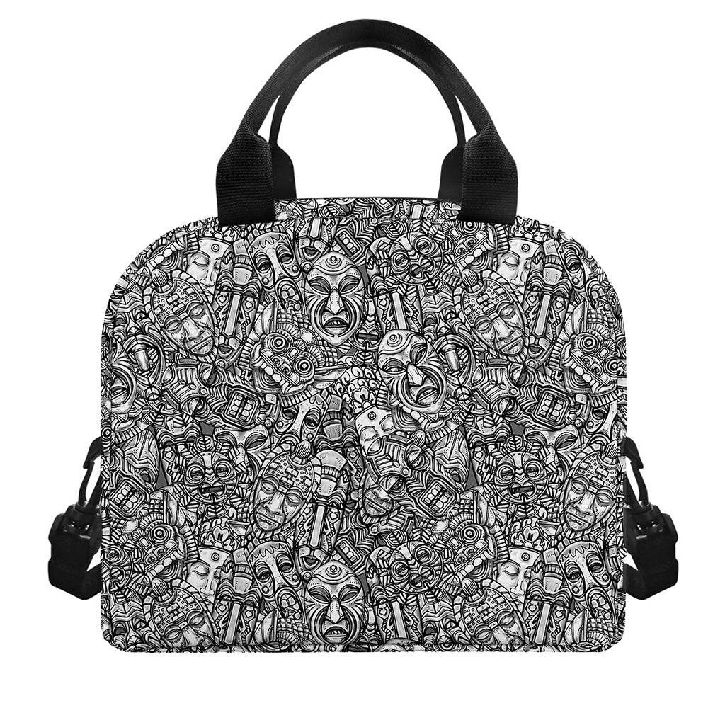 Grey And White Totem Pattern Print Insulated Lunch Bag