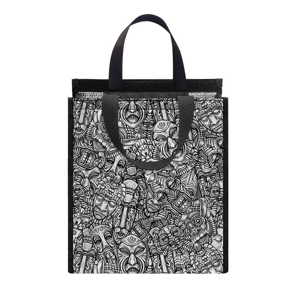 Grey And White Totem Pattern Print Insulated Lunch Tote