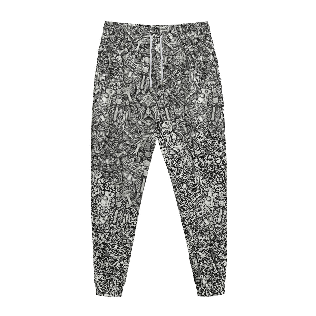 Grey And White Totem Pattern Print Jogger Pants