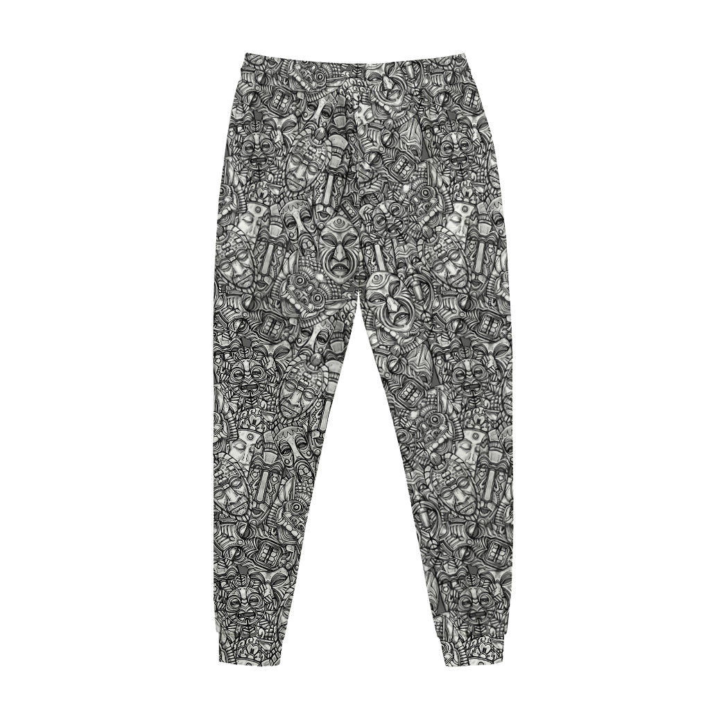 Grey And White Totem Pattern Print Jogger Pants