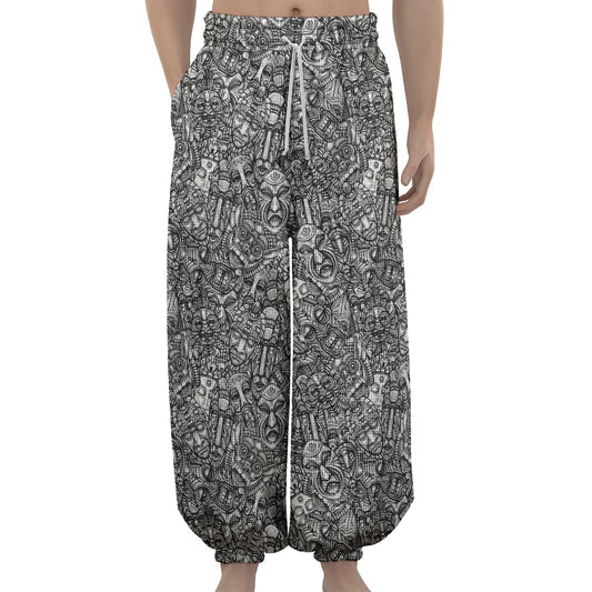 Grey And White Totem Pattern Print Lantern Pants