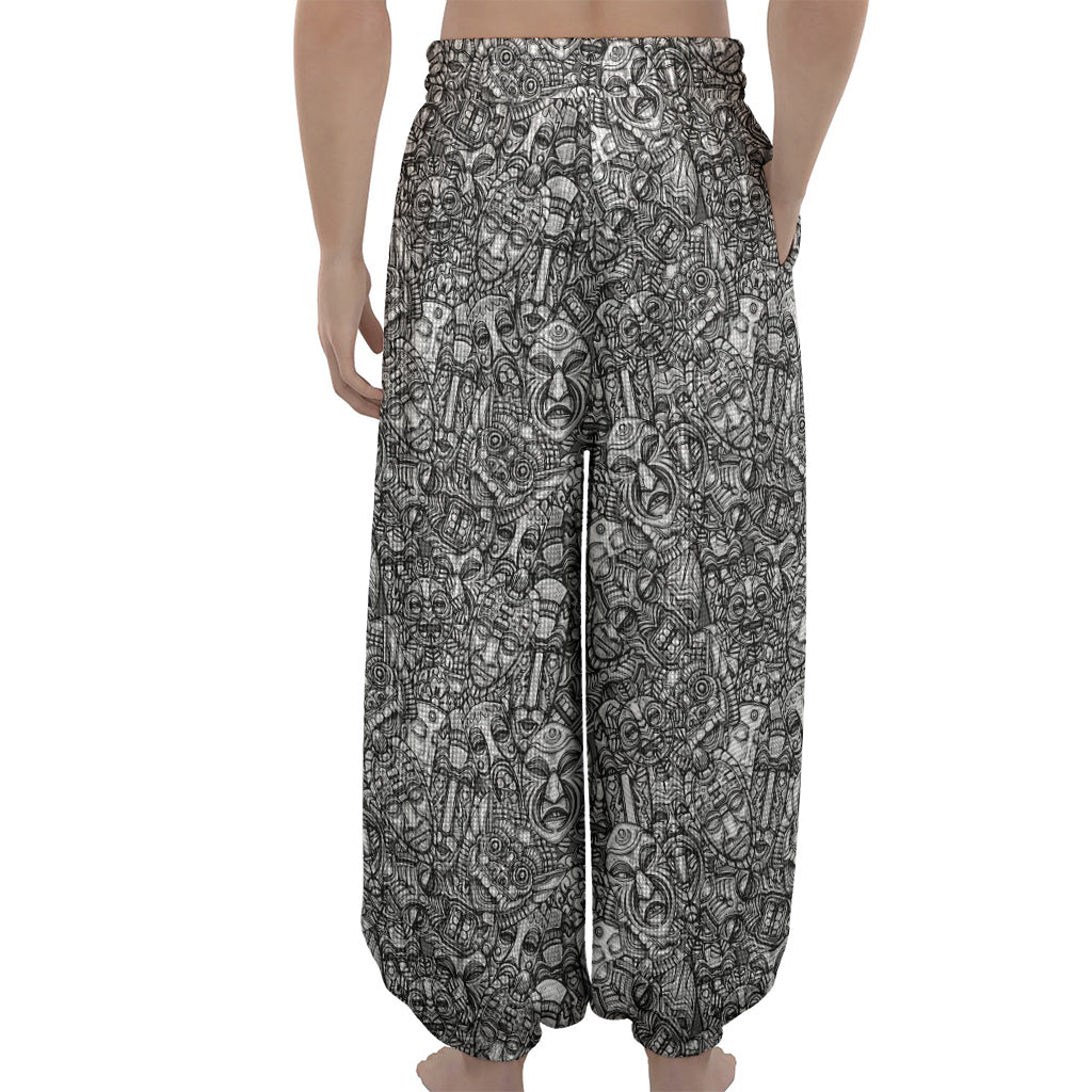 Grey And White Totem Pattern Print Lantern Pants
