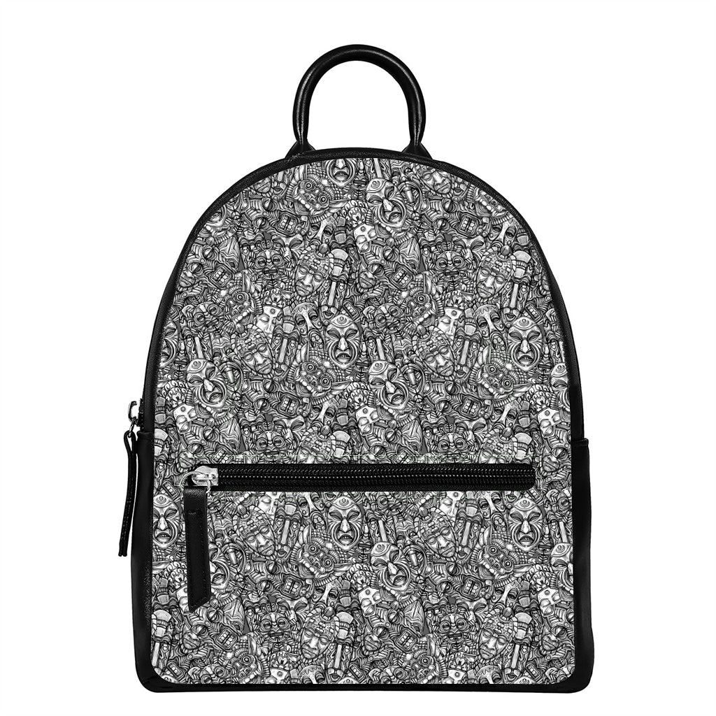 Grey And White Totem Pattern Print Leather Backpack