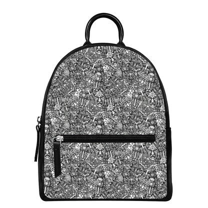 Grey And White Totem Pattern Print Leather Backpack