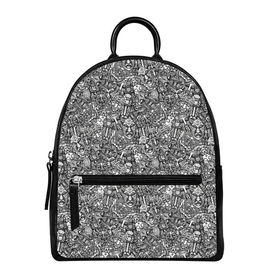Grey And White Totem Pattern Print Leather Backpack