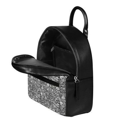 Grey And White Totem Pattern Print Leather Backpack