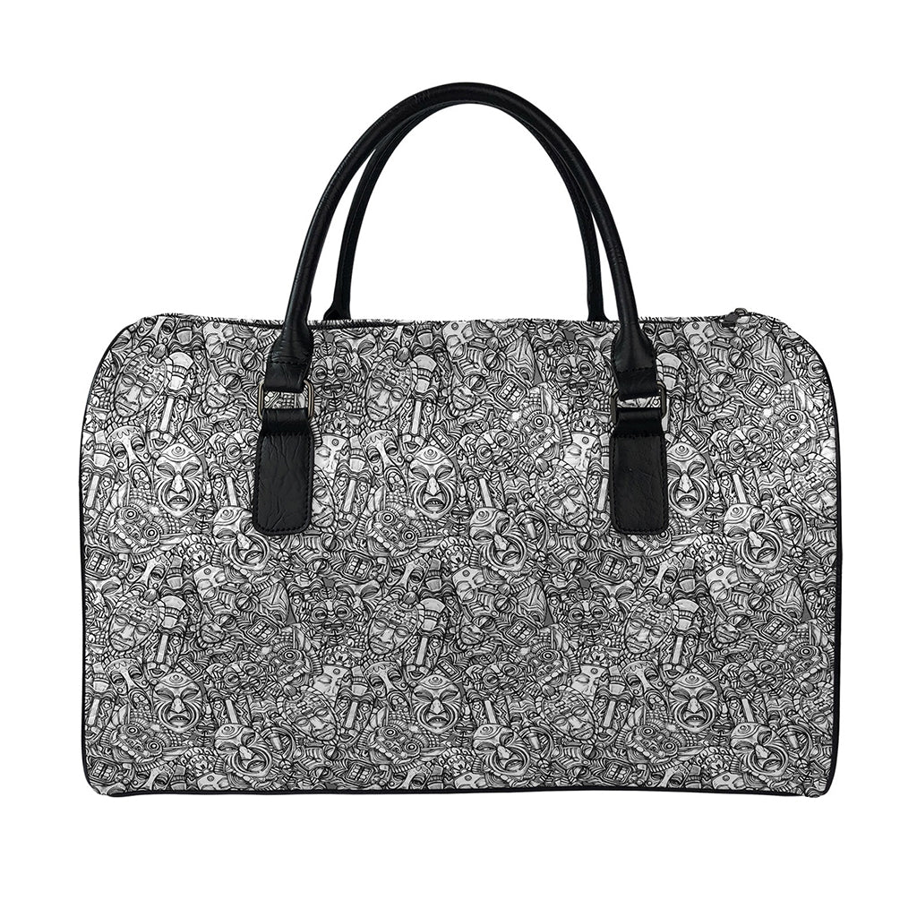 Grey And White Totem Pattern Print Leather Duffle Bag