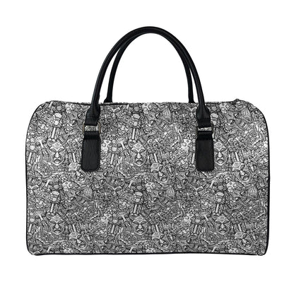 Grey And White Totem Pattern Print Leather Duffle Bag