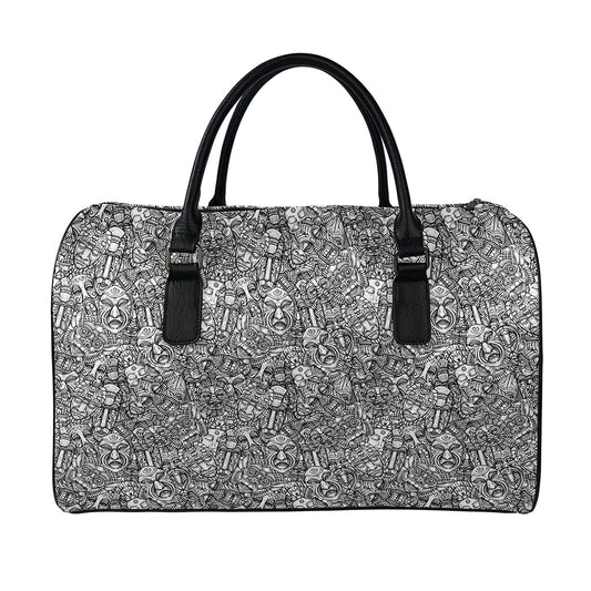 Grey And White Totem Pattern Print Leather Duffle Bag