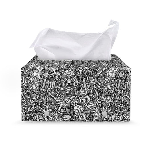 Grey And White Totem Pattern Print Leather Tissue Box Cover