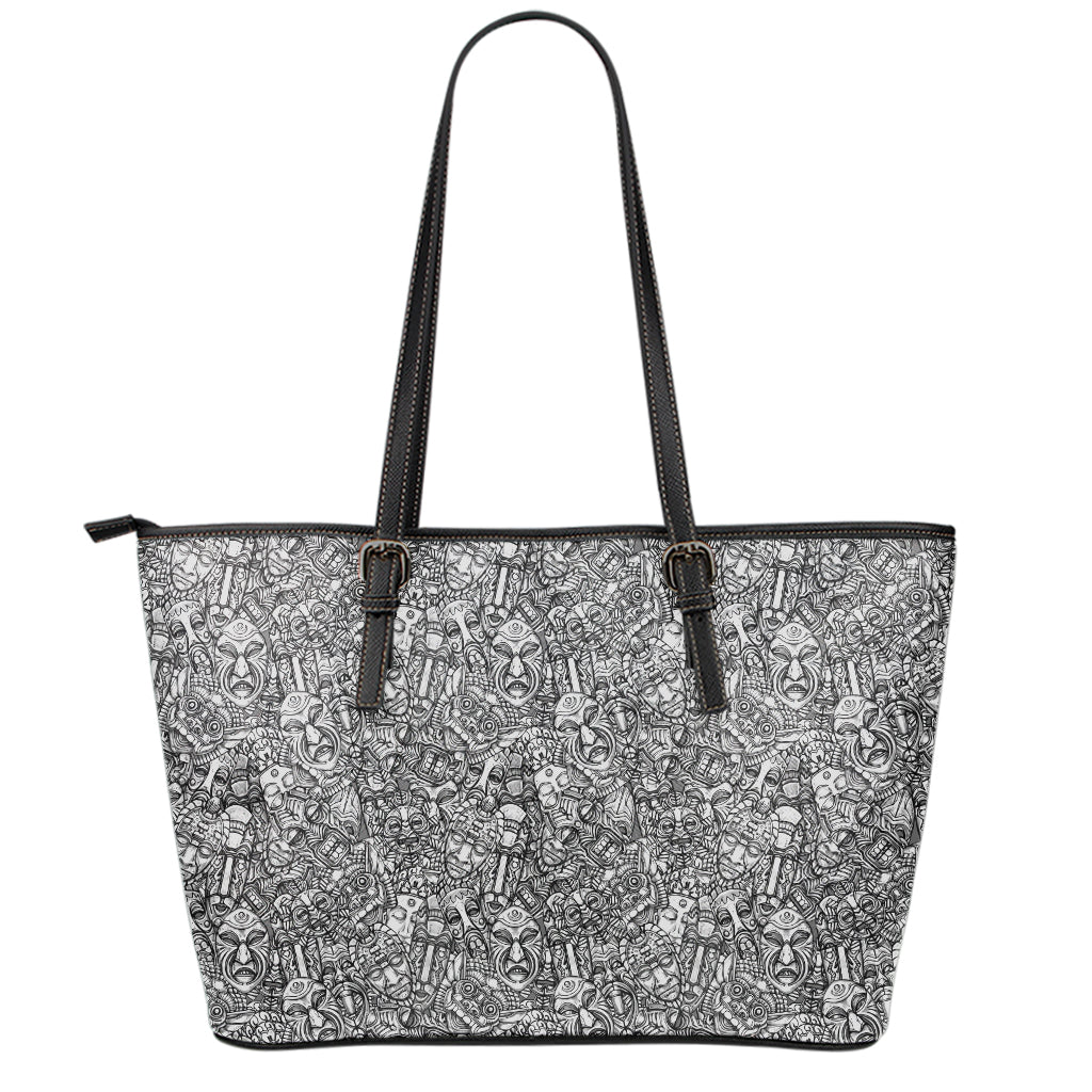 Grey And White Totem Pattern Print Leather Tote Bag