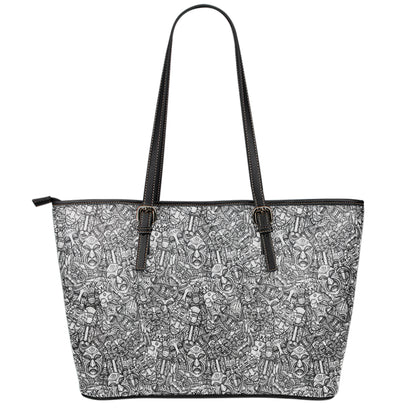 Grey And White Totem Pattern Print Leather Tote Bag