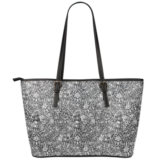 Grey And White Totem Pattern Print Leather Tote Bag