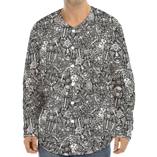 Grey And White Totem Pattern Print Long Sleeve Baseball Jersey
