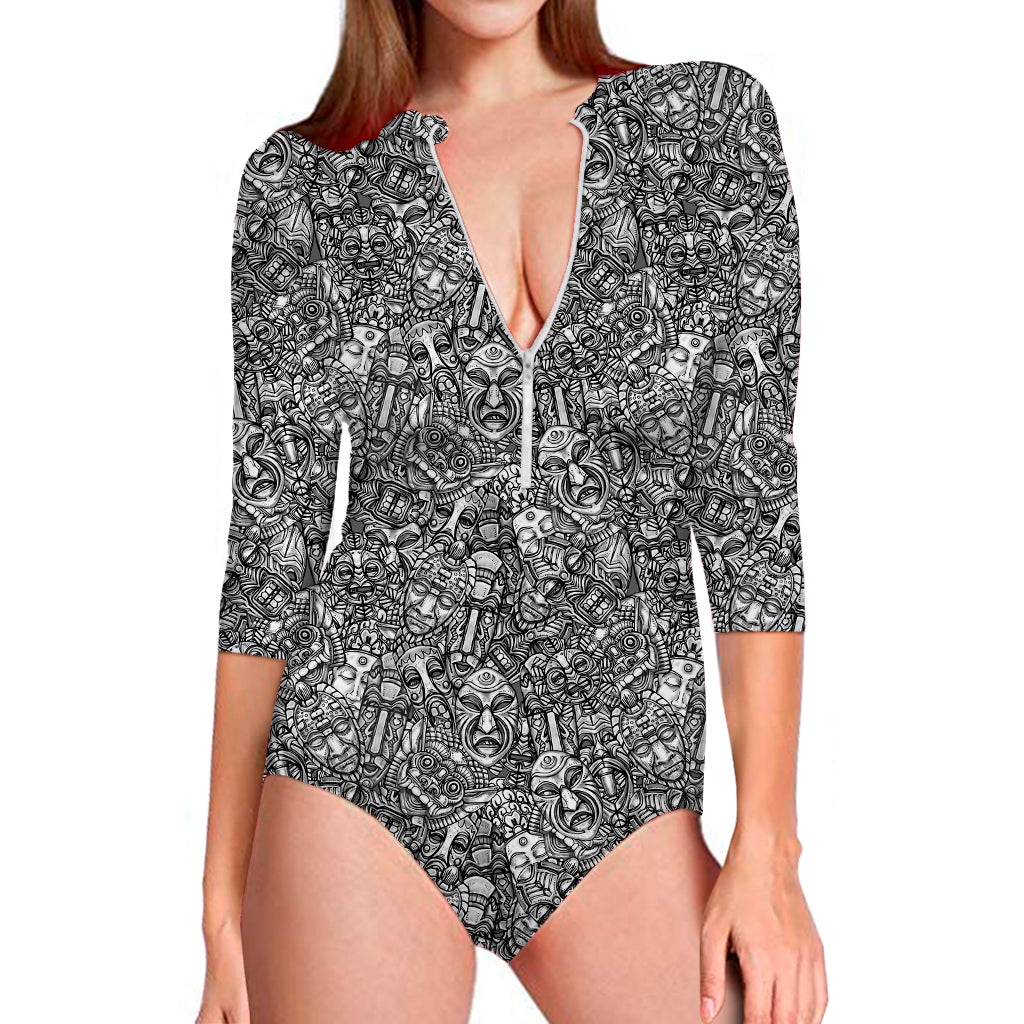 Grey And White Totem Pattern Print Long Sleeve Swimsuit