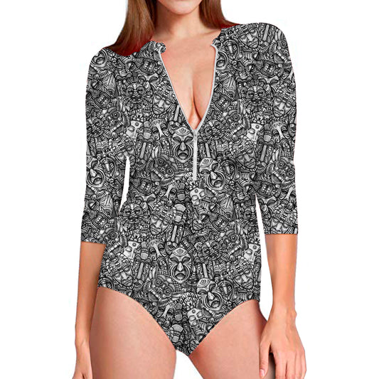 Grey And White Totem Pattern Print Long Sleeve Swimsuit