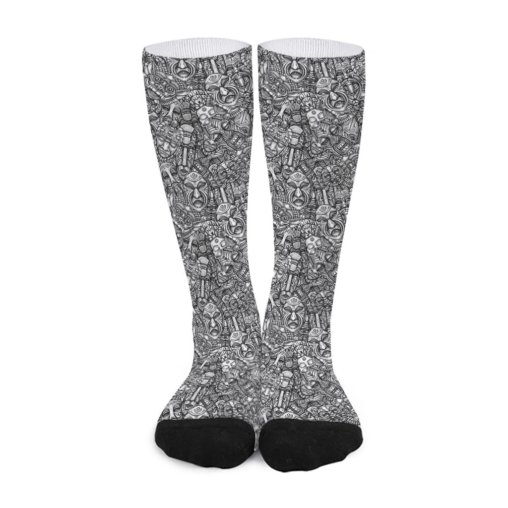 Grey And White Totem Pattern Print Long Socks