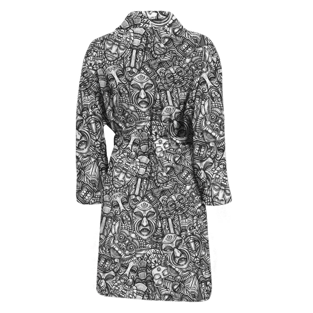 Grey And White Totem Pattern Print Men's Bathrobe