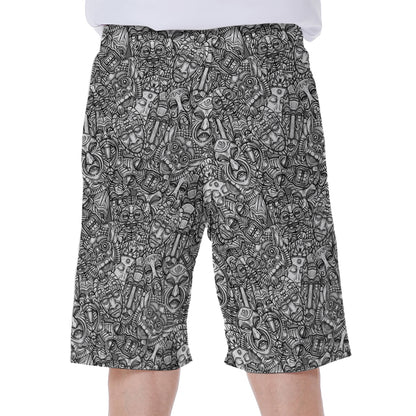 Grey And White Totem Pattern Print Men's Beach Shorts