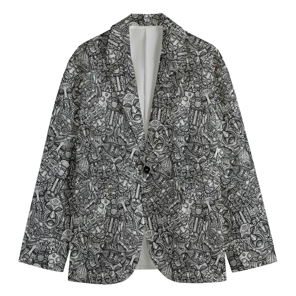 Grey And White Totem Pattern Print Men's Blazer