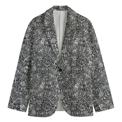 Grey And White Totem Pattern Print Men's Blazer