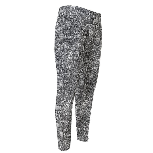 Grey And White Totem Pattern Print Men's Compression Pants