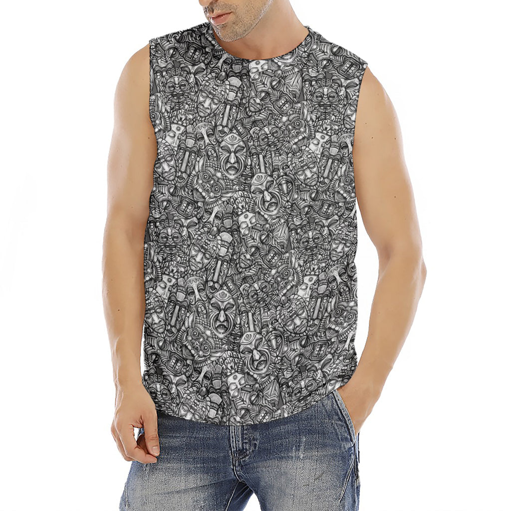 Grey And White Totem Pattern Print Men's Fitness Tank Top