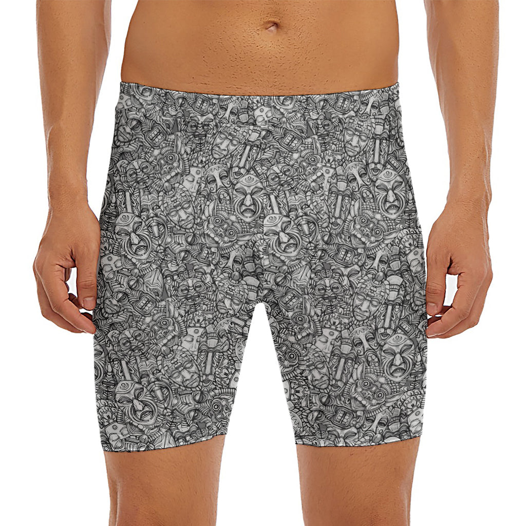 Grey And White Totem Pattern Print Men's Long Boxer Briefs